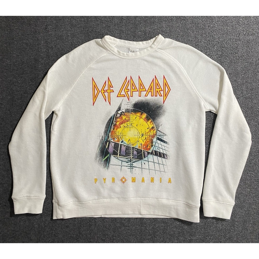 Def Leppard Pyromania Sweatshirt white Heather Crew Neck Long Sleeve Size L